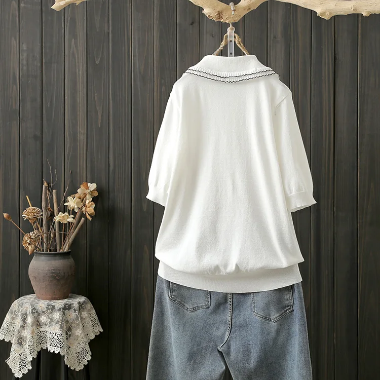여름 대형 200 파운드 우아한 나무 가장자리 칼라 니트 느슨한 슬리밍 반팔 티셔츠 한국 스타일 코튼 탑