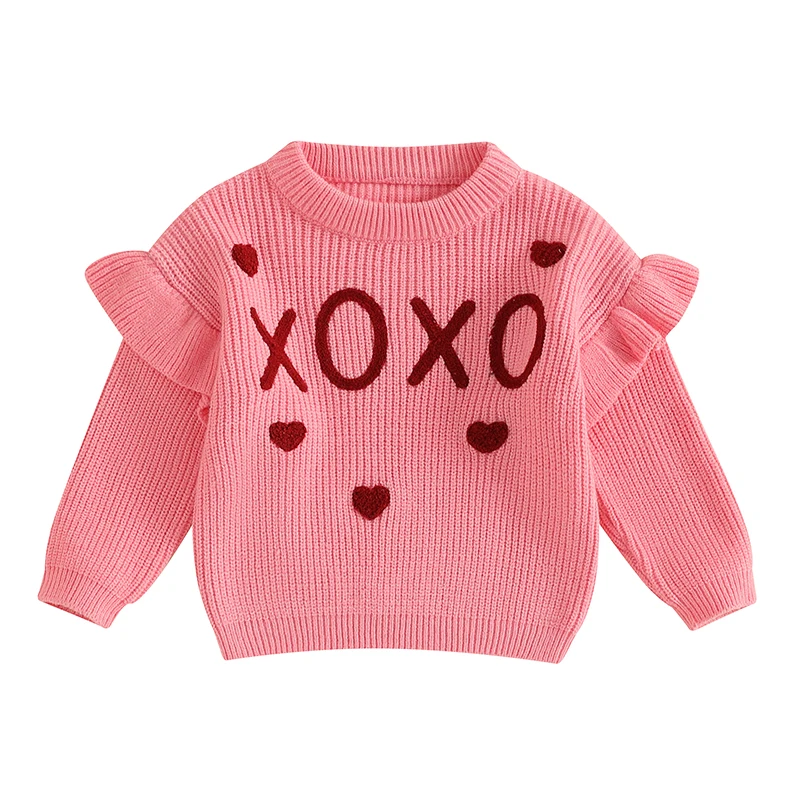 Tregren Toddler Girl Fall Sweater Letter Heart Pattern Long Sleeve Crew Neck Ruffled Chunky Knitwear