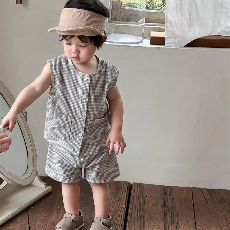 

2025 Summer New Baby Sleeveless Clothes Set Infant Thin Plaid Cardigan + Shorts 2pcs Suit Toddler Boy Girl Cotton Casual Outfits