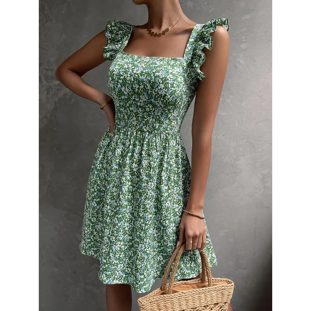 

Dresses for Women 2024 Allover Floral Print Ruffle Trim Tie Back Dress Sleeveless Casual Beach Dress