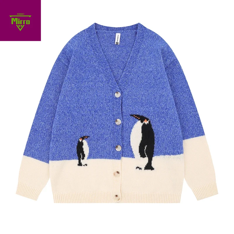 

Полный кардиган с принтом пингвина из мультфильма, свитер с пуговицами, повседневные вязаные кардиганы с v-образным вырезом, модные трикотажные изделия большого размера Y2k 2025