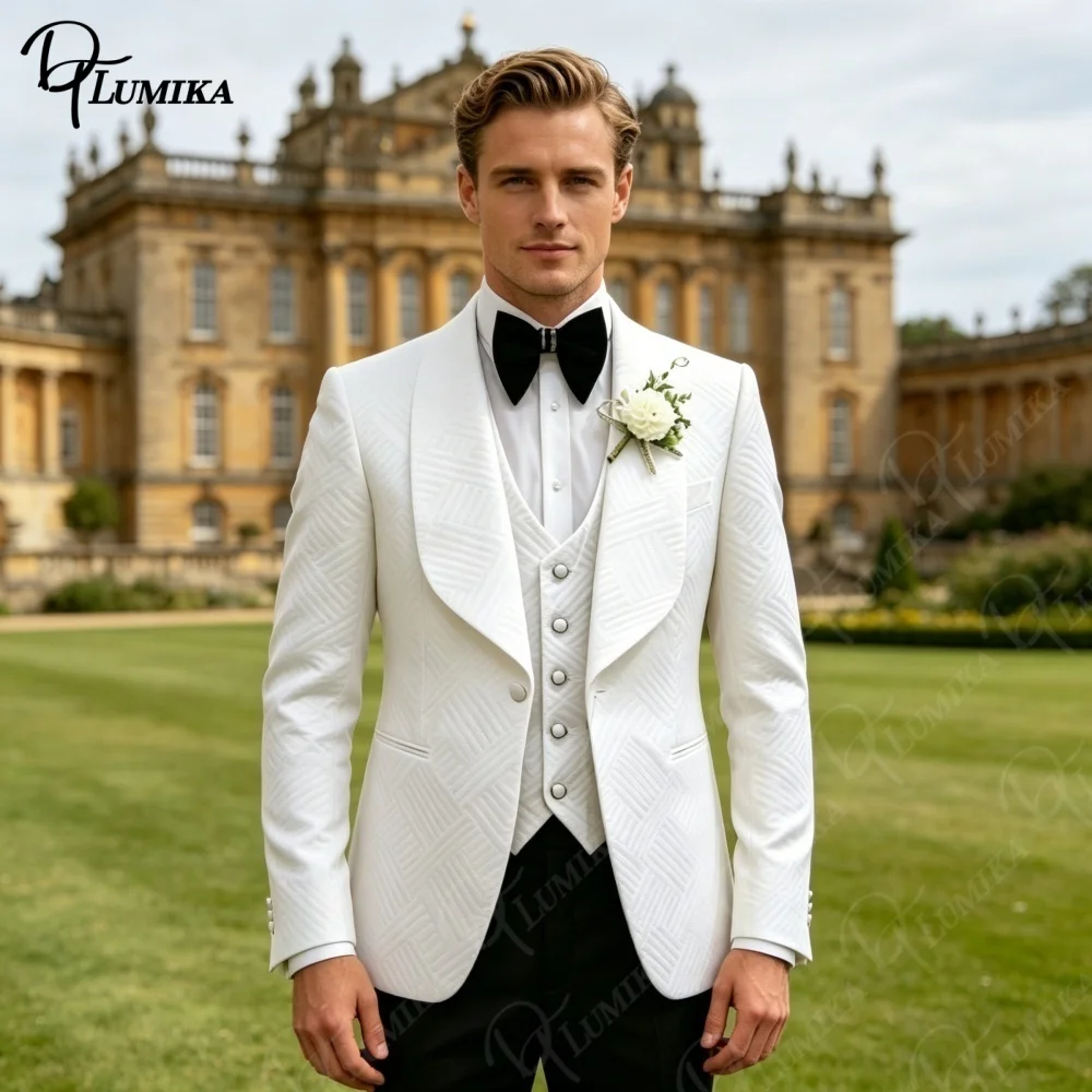 

High Quality White Wedding Tuxedo Men 2026 Slim Fit Textured Shawl Lapel 3 Piece Groom Suit for Prom Business Formal Occasions