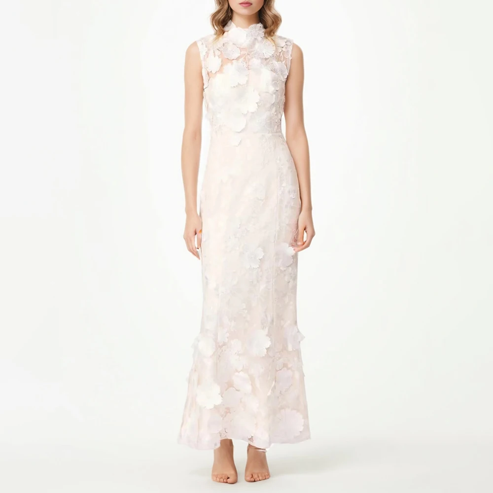 TWOTWINSTYLE Solide Abnehmen Verstärktes Applikationen Kleider für Frauen Rundhals Ärmellose Patchwork Sheer Temperament Kleid Weibliche Neue