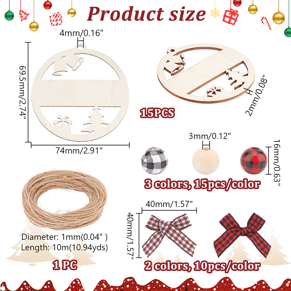 15Pcs Christmas Wooden Name Tags Christmas Stocking Name Tags with Wood Beads Buffalo Check Bows Xmas Stocking Hanging Tag