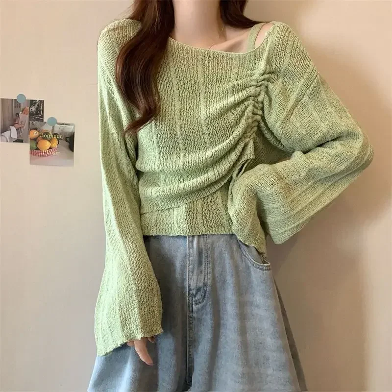 Two-piece Set Thin Design Pullover Sweater Sweet New Style Dopamine Drawstring Knit Set Camisole Top