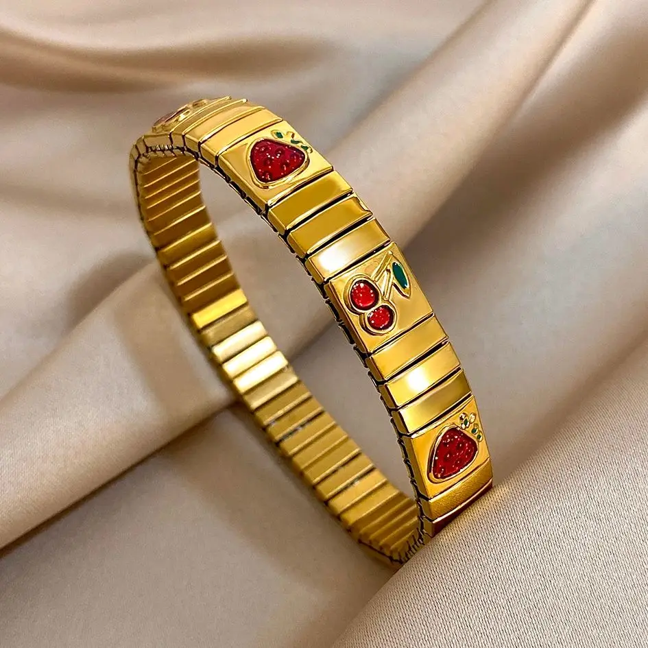 Fashion Stainless Steel Elastic Watchband Bracelets Adjustable Cute Red Enamel Strawberry Cherry Wristband Bangle Jewelry Gifts