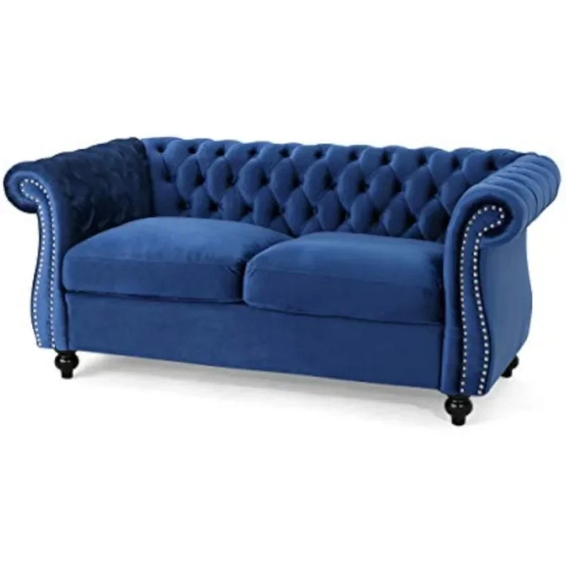 

Home Karen Traditional Chesterfield Loveseat Sofa, Navy Blue and Dark Brown