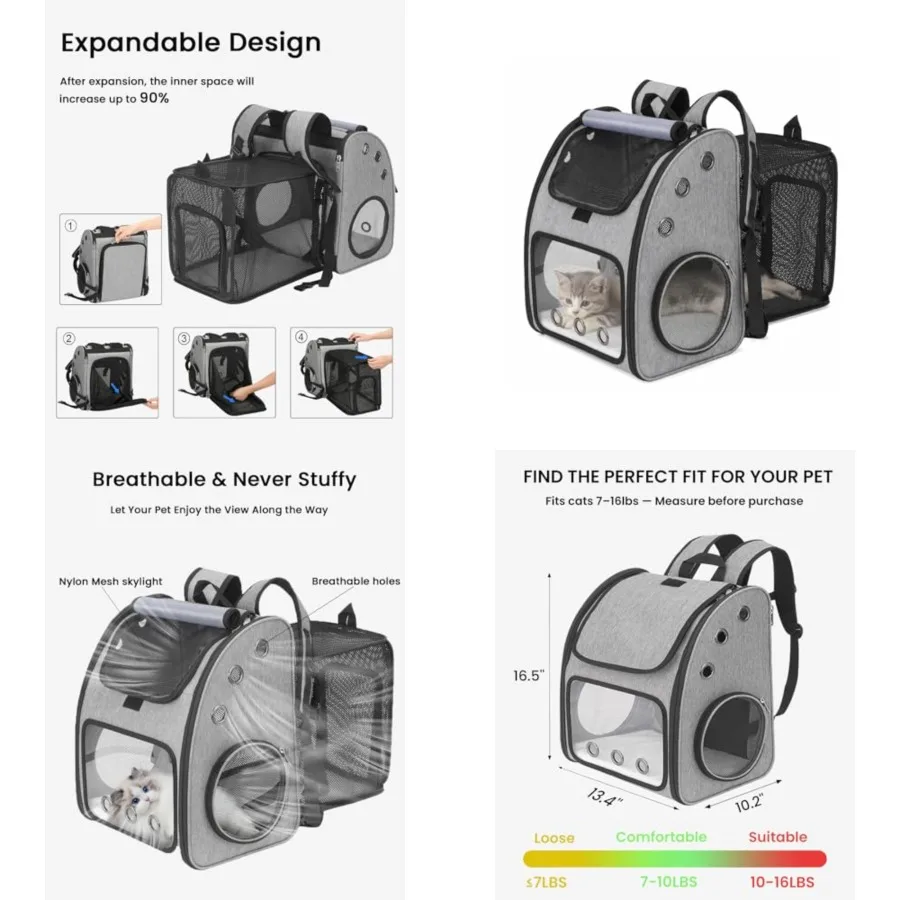

Expandable Cat Backpack Carrier, Airline Approved Pet Carrier for Cats and Small Dogs, Breathable Mesh, Bubble Window, Anti-Col