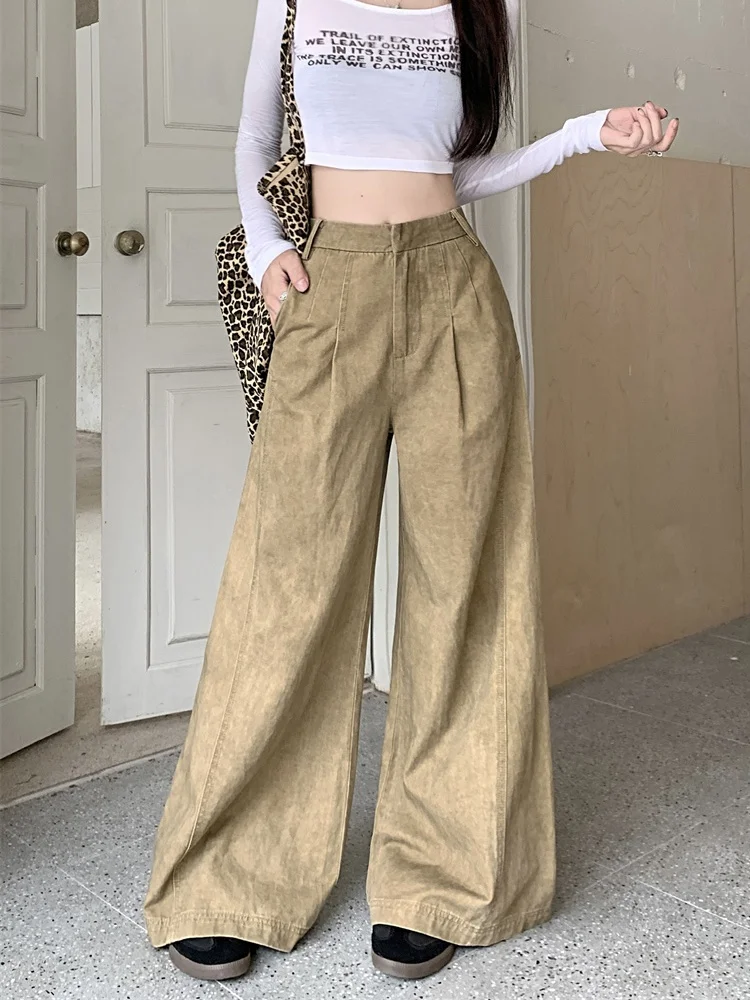 2025 cyber y2k moda angustiado cáqui baggy calças jeans plissadas para mulheres 90s roupas vintage kpop perna larga senhora calças compridas