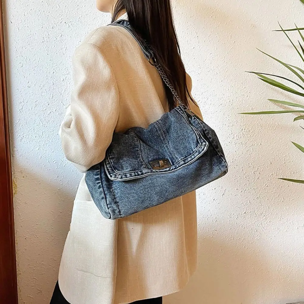 

Сумка на плечо, джинсовая холщовая сумка с металлической цепочкой, винтажная сумка в уличном стиле, большая вместительная однотонная однотонная сумка через плечо для студентов