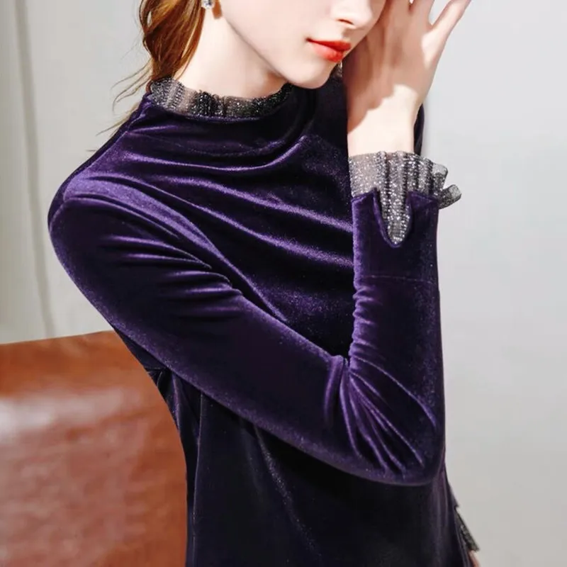 harajuku Solid half turtleneck pleated lace patchwork velour tops,Autunm Winter fashion Elegant purple velvet blouse shirts