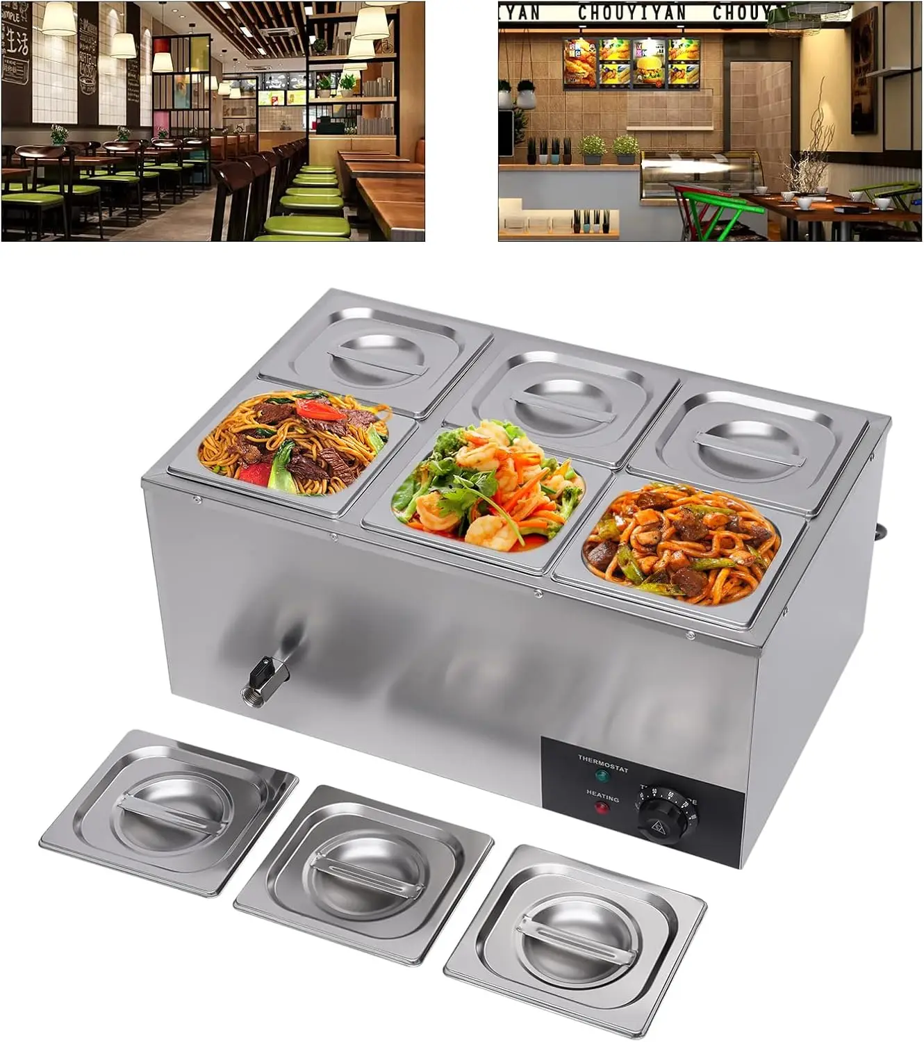 Chauffe-aliments avec seau, table à vapeur électrique à 6 poêles, Planche en acier inoxydable, Chauffe-aliments Bain Marie, Capacité de 19.2 Qt pour attribuable a