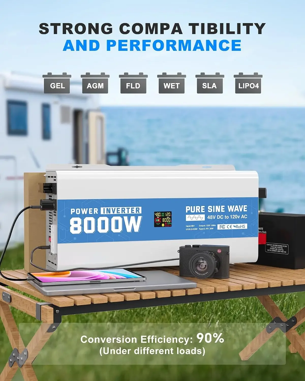 8000 Watt Pure Sine Wave Inverter, 48V DC To 120V AC Power Inverter with LCD Display, GFCI Outlet, USB Port, 4 AC Outlets for Truck, Boat, Camping, Outdoor, Solar System,Gray Blue