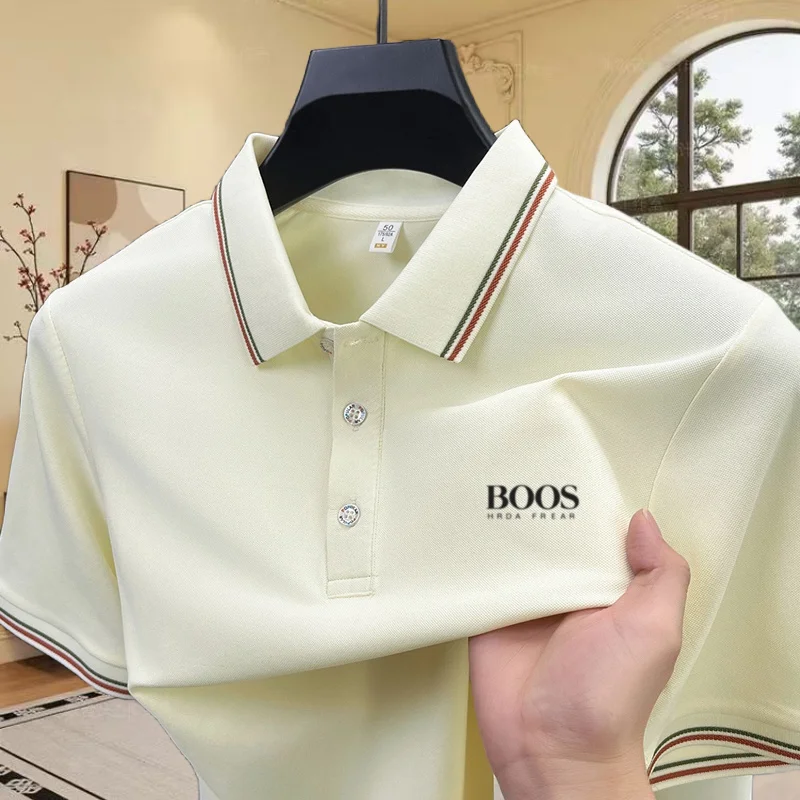 

Temperament Mens Summer Ventilation Exquisite Polo Shirt Daily Versatile Letter Embroidered Comfortable Striped Collar Short Top