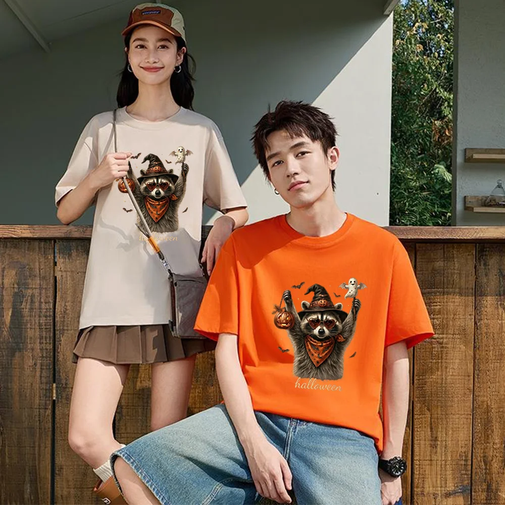 Halloween Raccoon Witch Pumpkin Ghost Printed T Shirt Breathable Fabric S-XXL Personalized Custom Casual Short Sleeve Tee Unisex