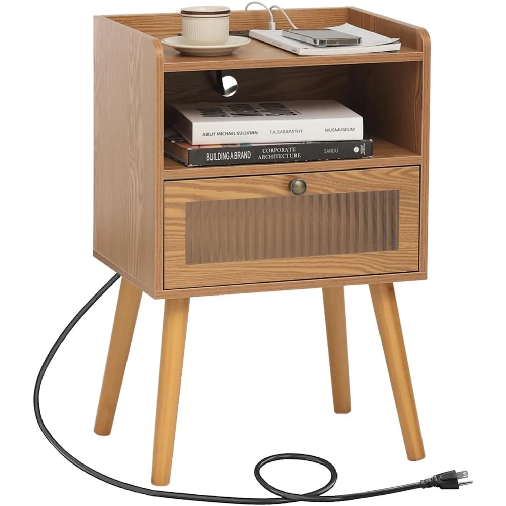 

Mid Century Nightstand with Charging Station, Modern Bedside Table with Glass Decorative Drawer, Small End Side Table with 2 Ti