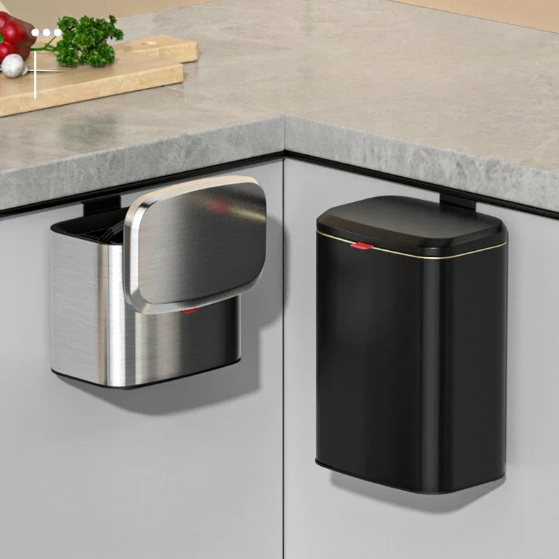 Wall Mounted Kitchen Trash Bin Stainless Steel Luxury Trash Can Large Capacity Food Waste Litter Bins Home Bathroom Accessories