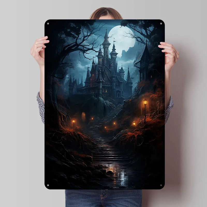 Dark Castle in Forest Poster Fantasy Vintage Wall Art Metal Sign Customized Tin Plaque for Man Cave Decor Home Decorations Retro