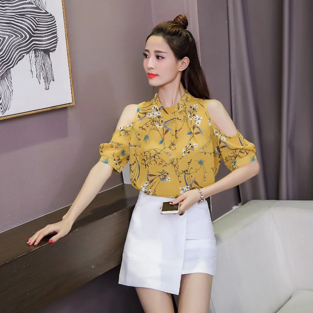 Half Sleeve Blouse Floral Chiffon Shirt Daily Wear Blouse Microelasticity Fabric New Womens Top Casual Street Style Shirt