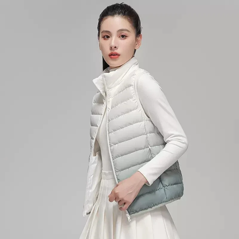 2023 Spring/Autumn New Female Stand Collar Slim Fit Sleeveless Puffer Jacket Women Fashion Gradient Ultra Light Down Vest