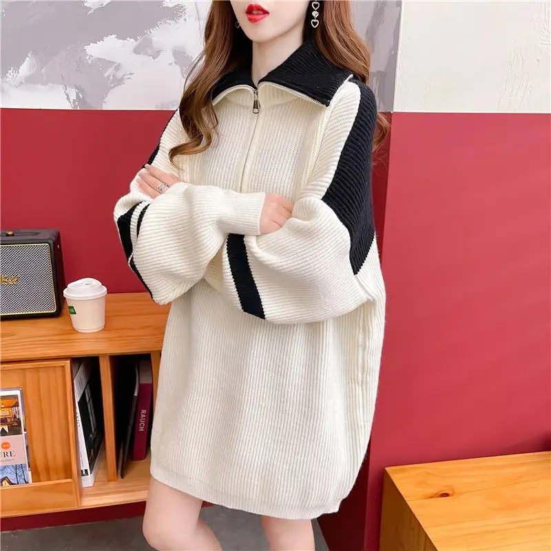 Sweaters Women Half Zipper Lapels Mid to Long Styles for Autumn and Winter 2024 New Popular Styles Thick and Loose Outerwear