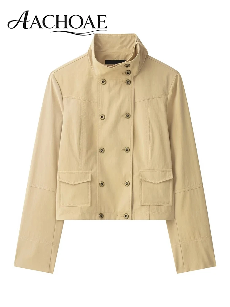 AACHOAE Women's Stand Collar Double Breasted Utility Jacket Cropped Military Style Coat Casual Safari Jacket Outerwear
