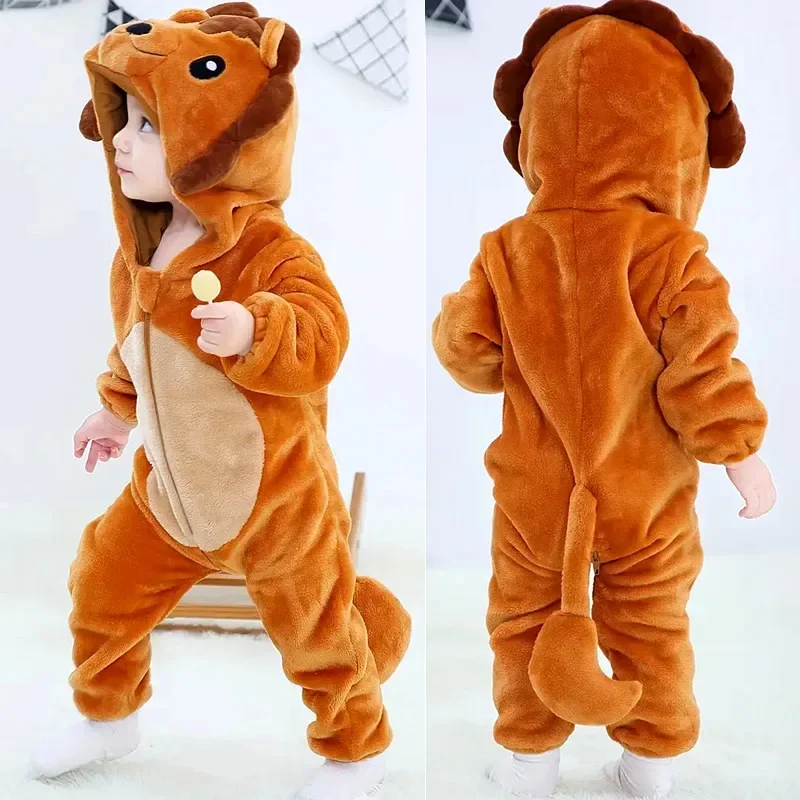 Cute Lion Costume with Tail Baby Animal Bodysuit  Pajamas Flannel Hooded Zipper Pajamas Loungewear Holiday Party Costume