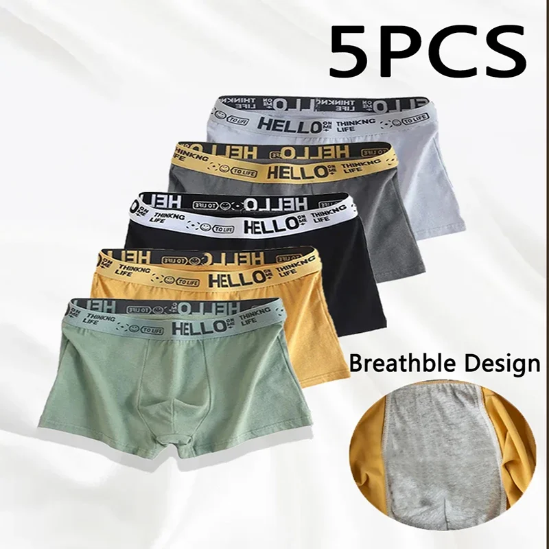 Men's Boxer Briefs 5Pcs Skin Friendly Breathable Underwear Elastic Stretch Waistband Daily Wear Hello Print Trendy Boxers