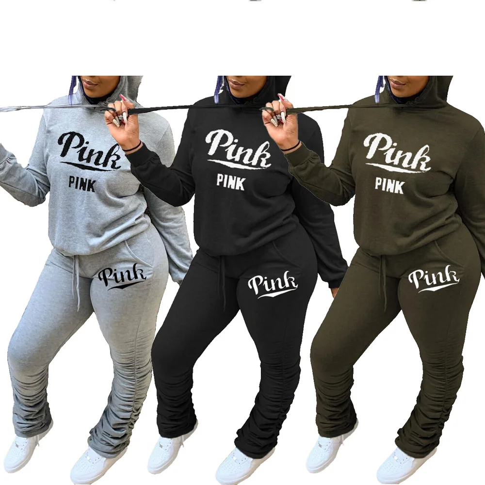 2024 Street 2-teiliges Set Rosa Buchstabe Hoody Sweatshirt Top + gestapelte Jogginghose Anzüge Casual Sport Outfits Frühling Trainingsanzug Anzüge