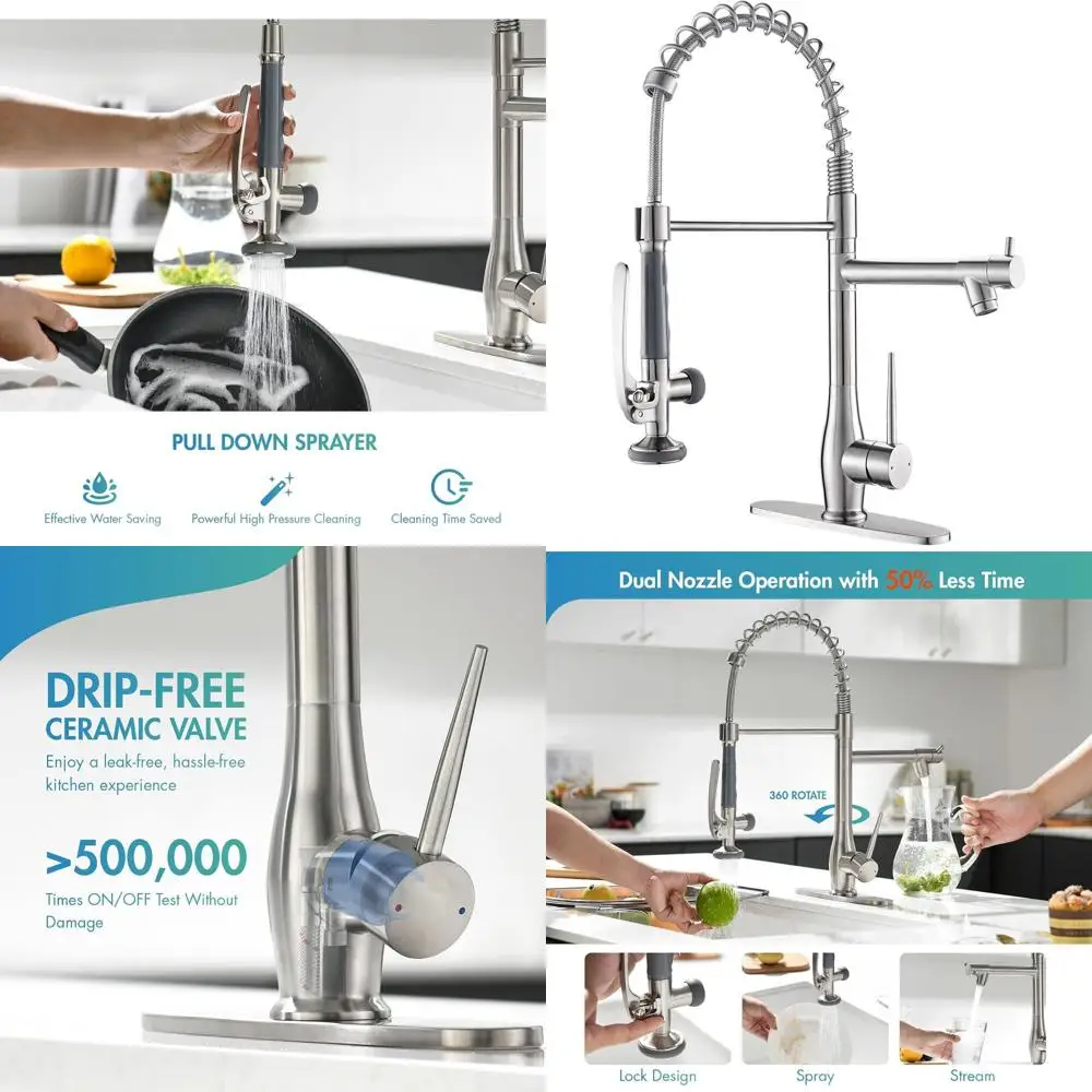 

Выдвижной кухонный смеситель высокого давления с одной ручкой из матового никеля с головками из нержавеющей стали и палубой