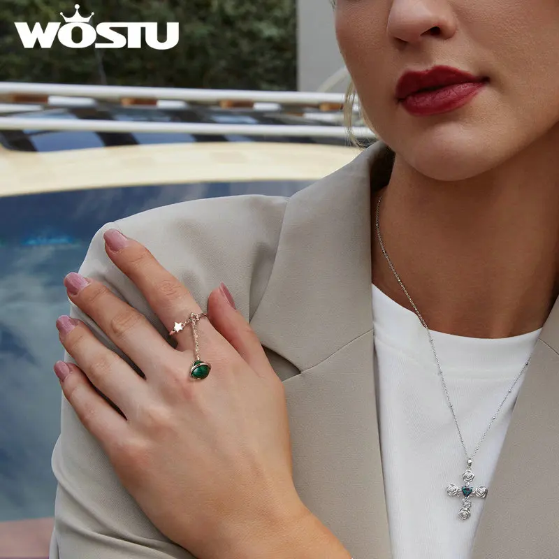 WOSTU 925 Sterling Silver 3D Ball Style Malachite Open Ring For Women Shiny Ziron Star Rings With Long Links Girl Party Jewelry