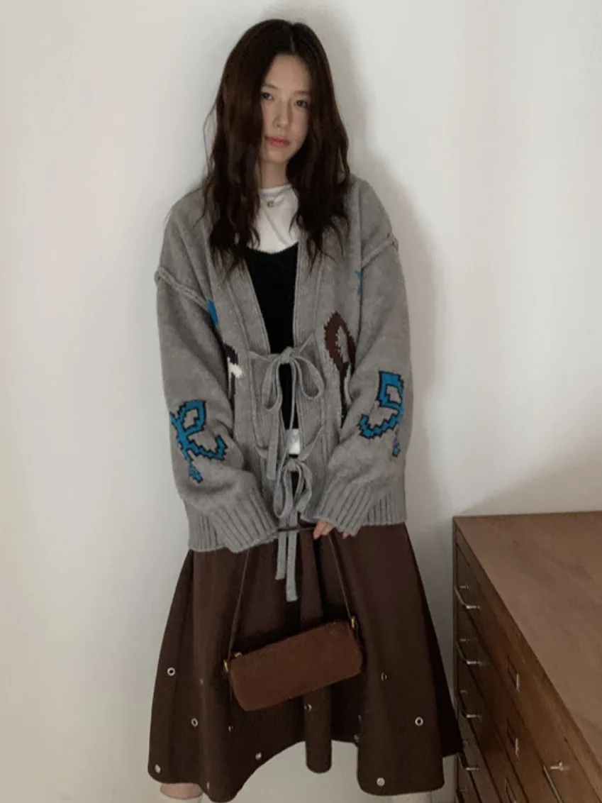 Retro Farbe Blo Strickjacke Mantel frauen Herbst Winter Neue Faul Sle Lose Vielseitig Pullover Mit Gürtel Offenen Sle