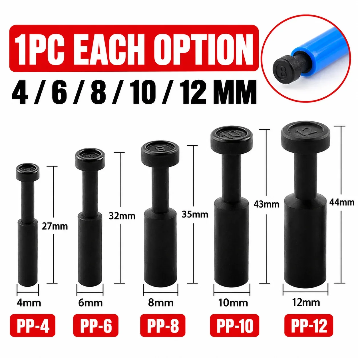 1Pc Pneumatic Push-In Blanking Plug for Air Tube, PP-Series Models PP-4 PP-6 PP-8 PP-10 PP-12 PP-16, Black Nylon, Select Size