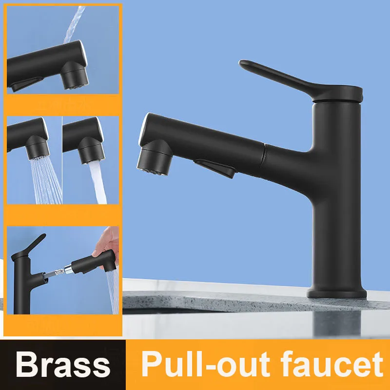 

Черный выдвижной смеситель для раковины в ванной комнате, латунные смесители, кухонный умывальник, смеситель с двойным управлением, смеситель с одним отверстием