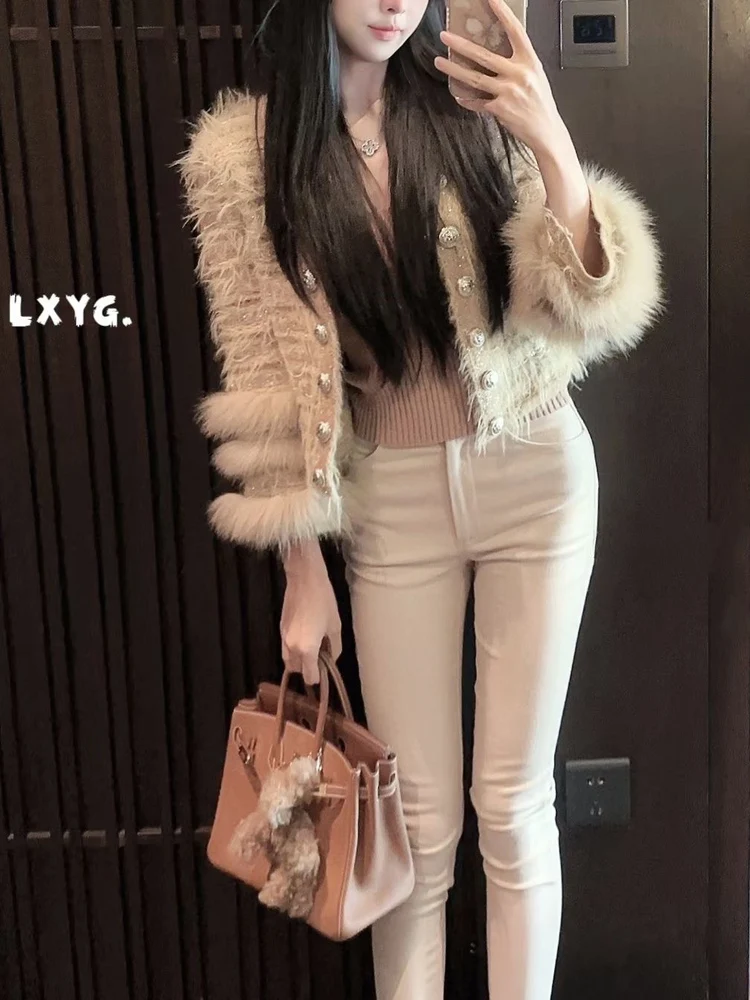   Fur Tassel Knitted Open Cardigan Short Style Women's Outerwear Soft French Style Light Luxury V-neck Button Clo...