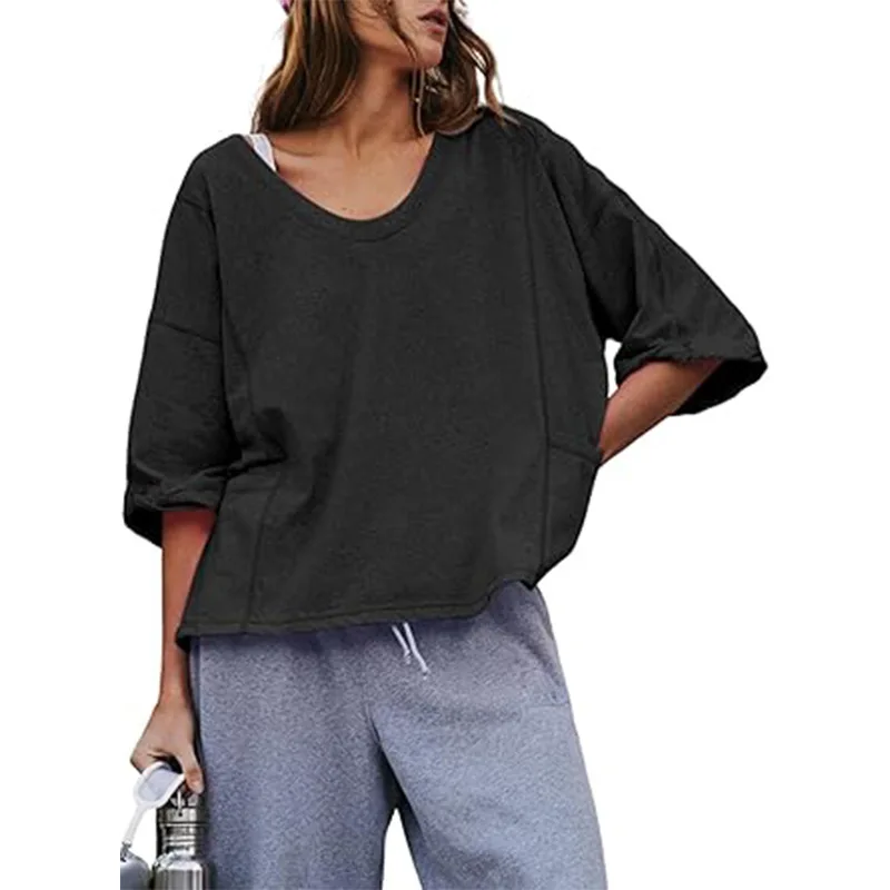 New Women's U-neck Loose T Seven Quarter Sleeve Patchwork Pocket Shirt