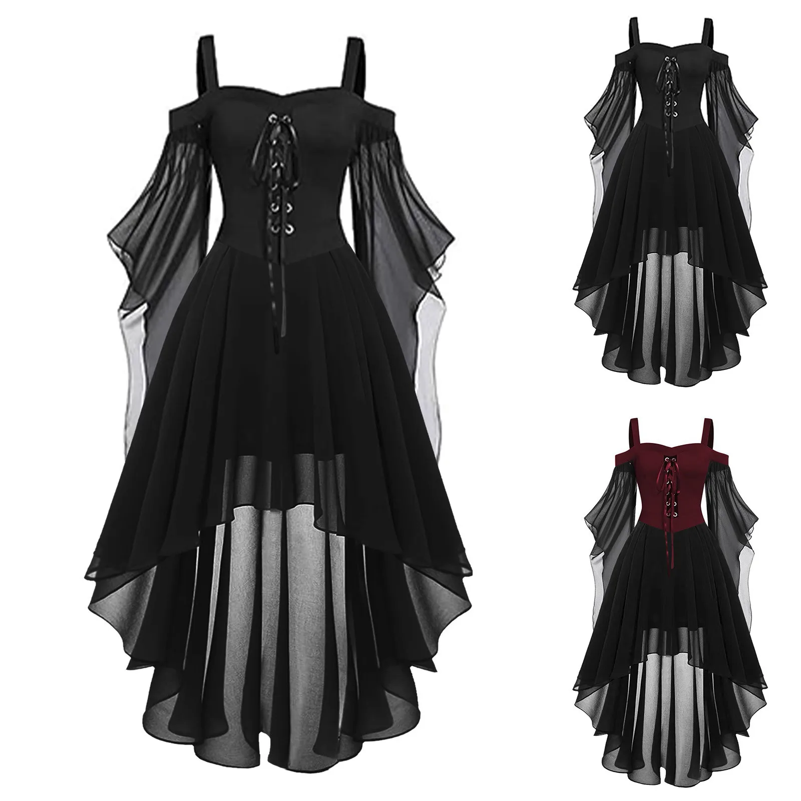 

Halloween Party Witch with Charming Patchwork Bat Sleeves Big Swing Halter Dress Girls Play Bandage Mesh Sheer A-line Costume