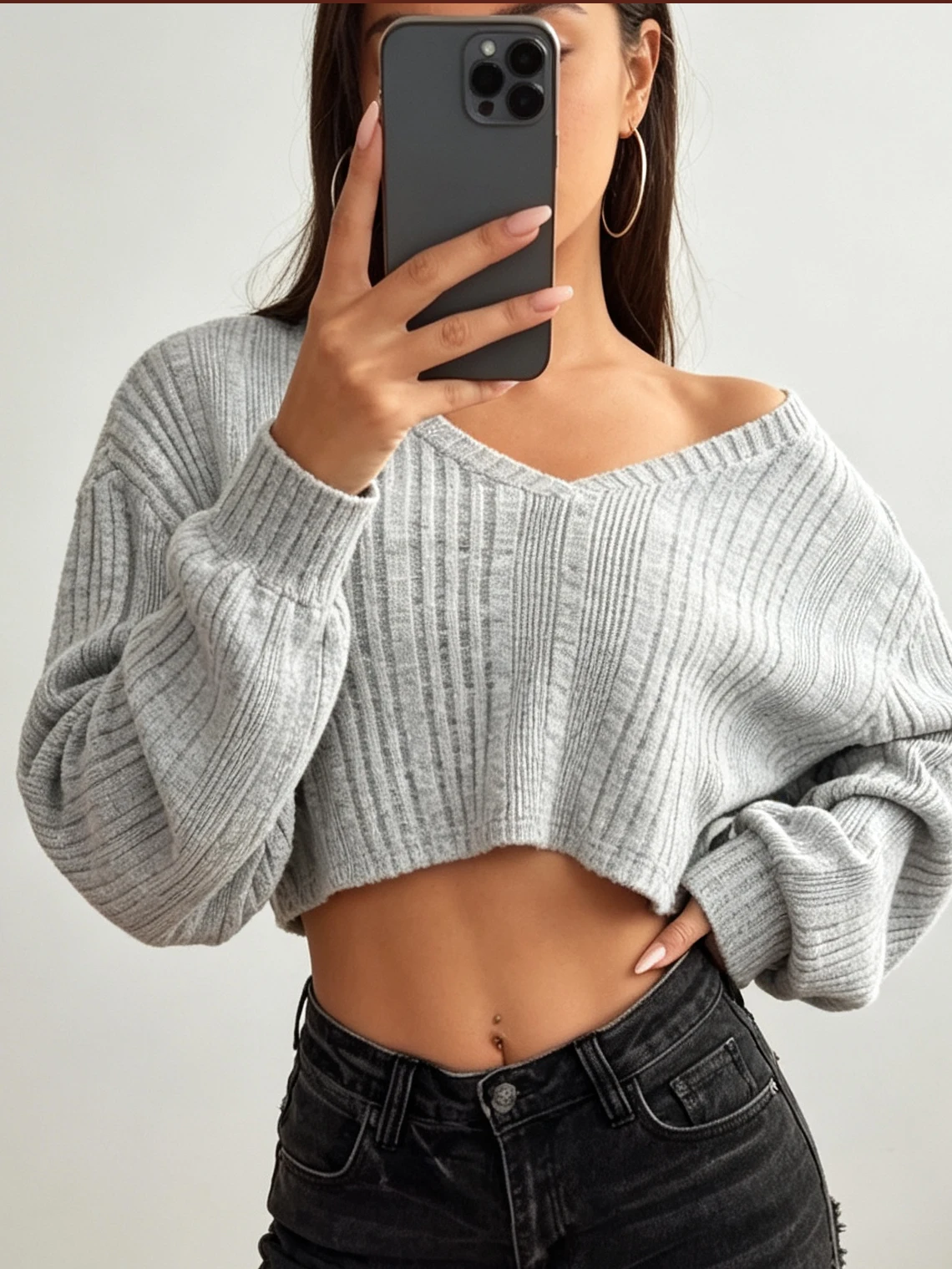 Women's V-Neck Knit Drop Shoulder Long Sleeve Crop Top New Spring Fall Loose Fit Soft Stretchy Comfy Sexy Casual Stylish Daily