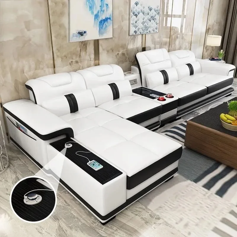 Genuine leather sofa, cowhide sized living room, modern and minimalist sound system, left and right noble consort