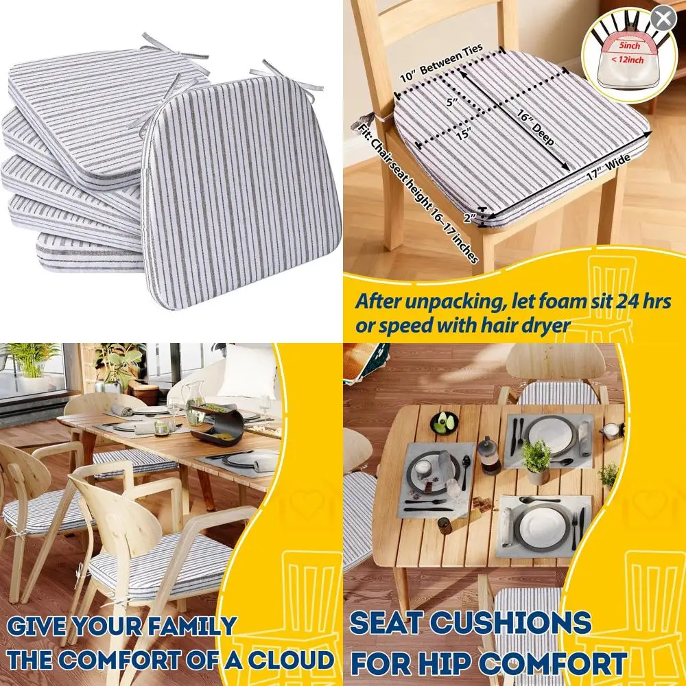 

Набор из 6 коричневых подушек для обеденных стульев с полосками, 17x16 дюймов, толщиной 2 дюйма, с завязками и съемными моющимися чехлами.