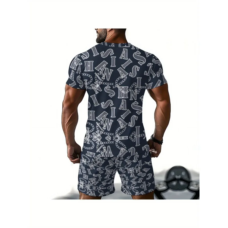 2025 Casual Daily Sports Polyester Fiber Set Fashionable Men's 3D Printed Round Neck T-shirt Shorts
