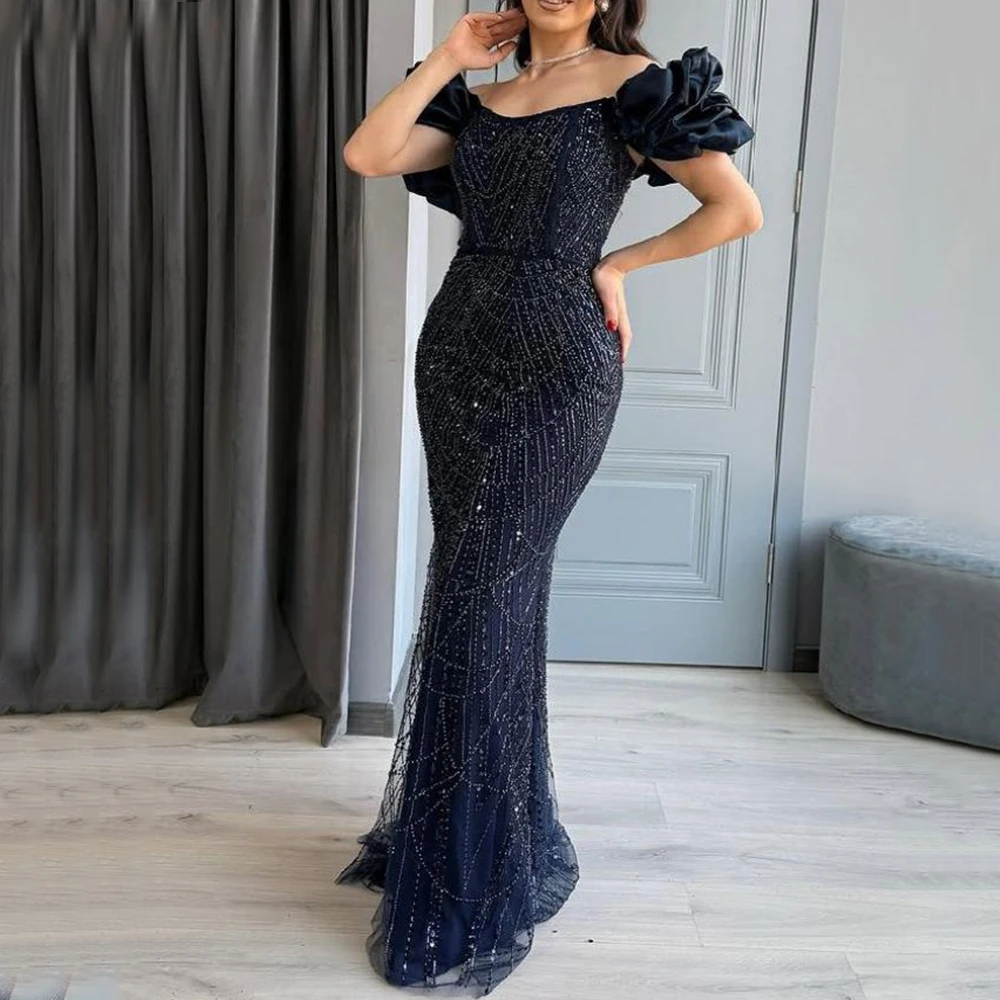 

Navy Blue Beading Lace and Tulle Evening Dress Off the Shoulder Puff Short Sleeve Mermaid فساتين سهرة Customized