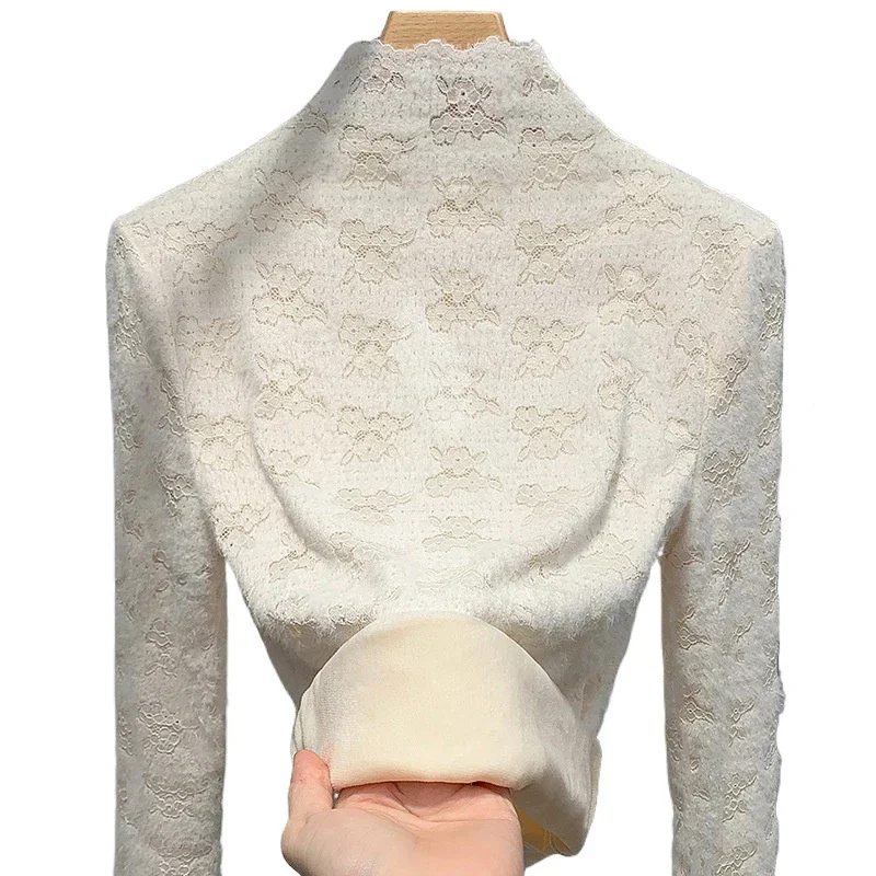 French Romantic Lace Long Sleeve T-shirt Base Shirt Women's High Neck Thickened Warm Elastic Large Top T Shirt Women Y2k Top — zdjęcie 2