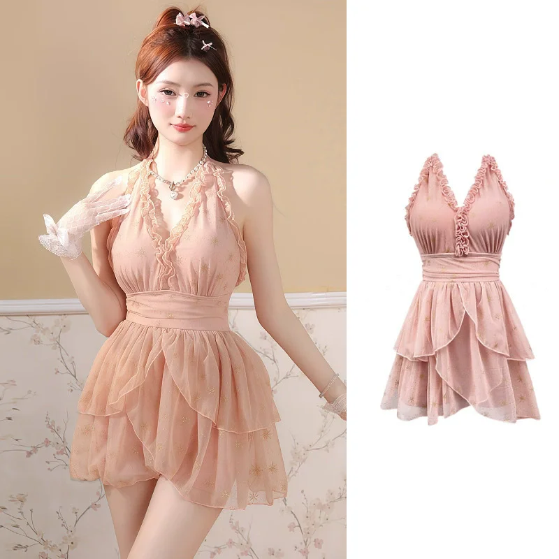 Lolita Girls Slim Strap Solid Color One Piece Swimsuit Ruffles Halter Open Back Conservative Dress Swimwear for Women Beach