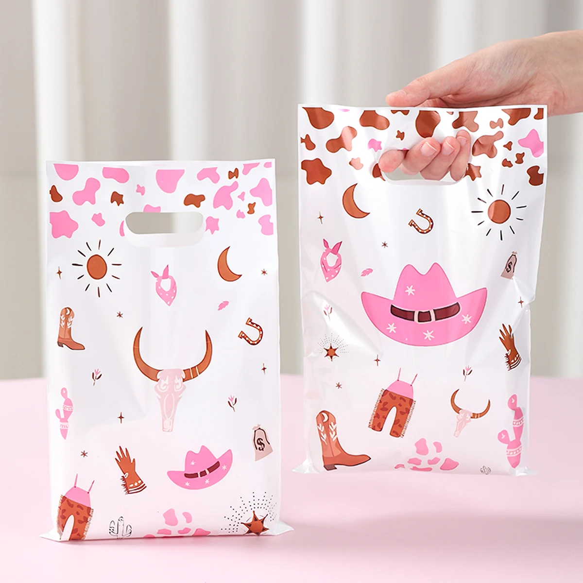 10/50 Uds. Bolso de vaquera occidental rosa, recuerdos de fiesta de cumpleaños temáticos de vaquera, sombrero de vaquera, patrón de cuernos de vaca, bolsa de embalaje de regalos pequeños