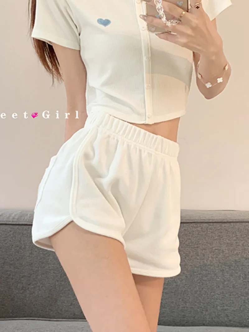 2024 Summer New Love Pocket Embroidered Contrasting Color Shorts Women Loose Elastic High Waist Bonded Leisure Home Shorts HNEA