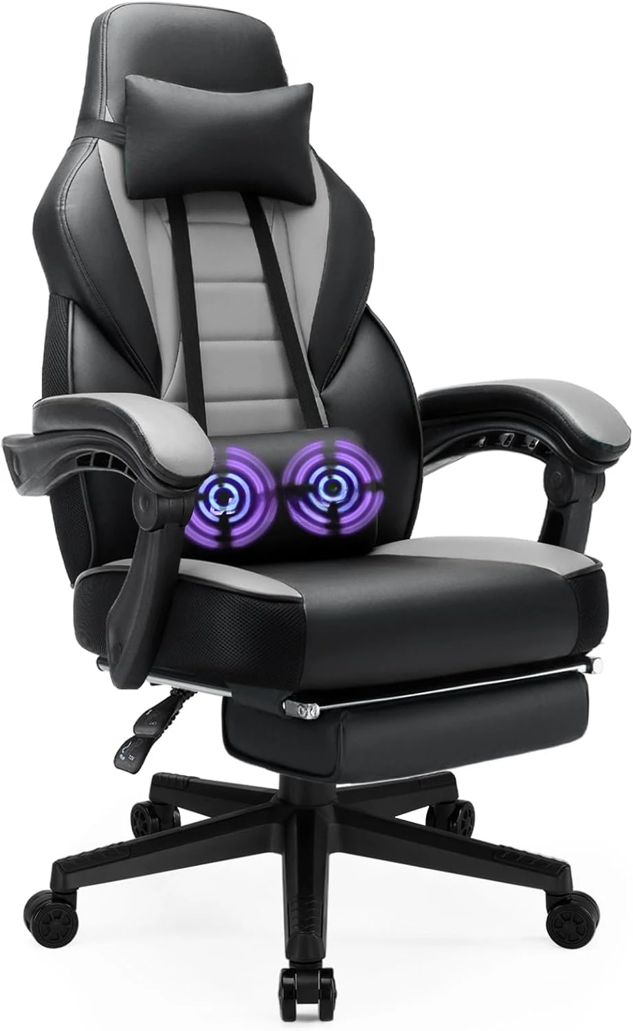 Ergonomically designed adult video game chair, weighing 400 pounds, with headrests and lumbar support