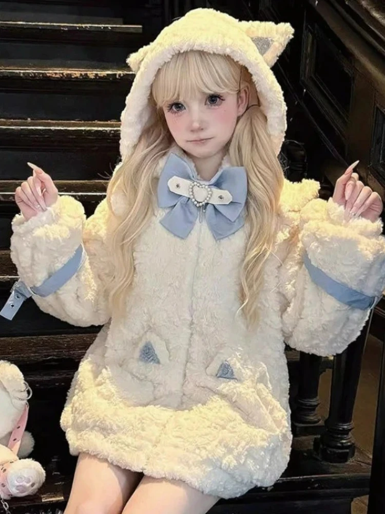 Japanese Kawaii Cute Thicked Woolen Coat Women 2000s Ropa Mujer Cat Ears Hooded Bow Plush Jackets Gothic Y2k Warm Loose Outwear