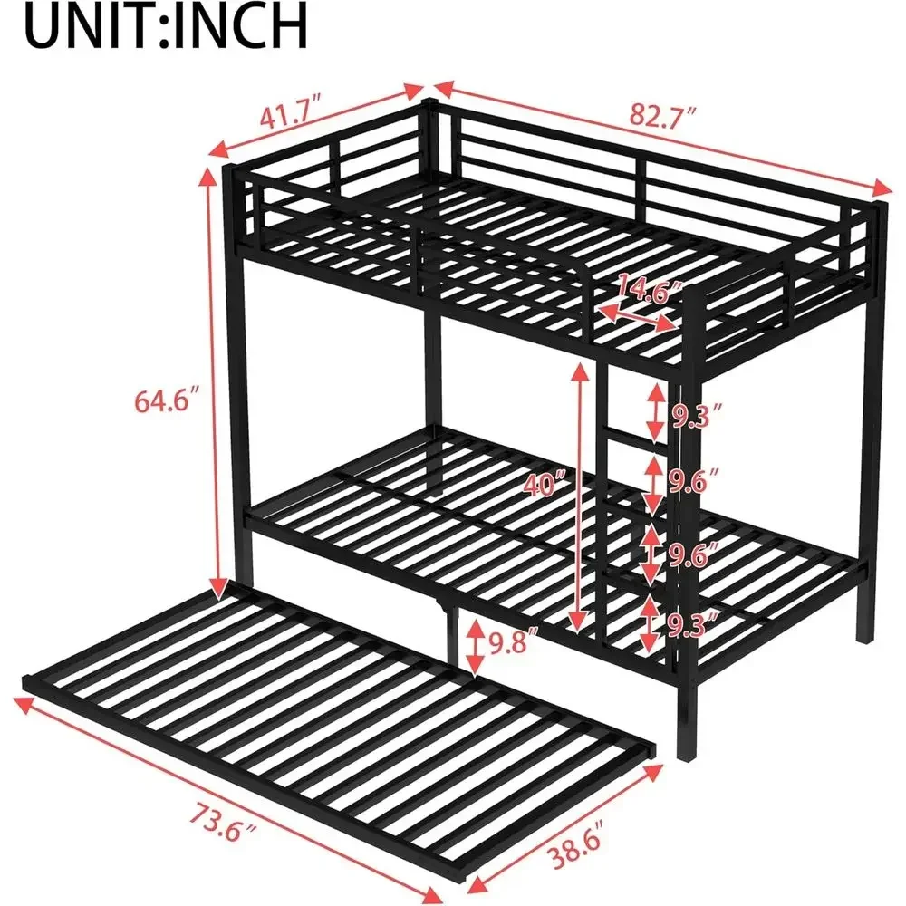 Twin XL Bunk Bed with Trundle, Metal Frame, Ladder, and Guardrail - Ideal for Kids, Teens, and Space-Saving Living, Black view 2