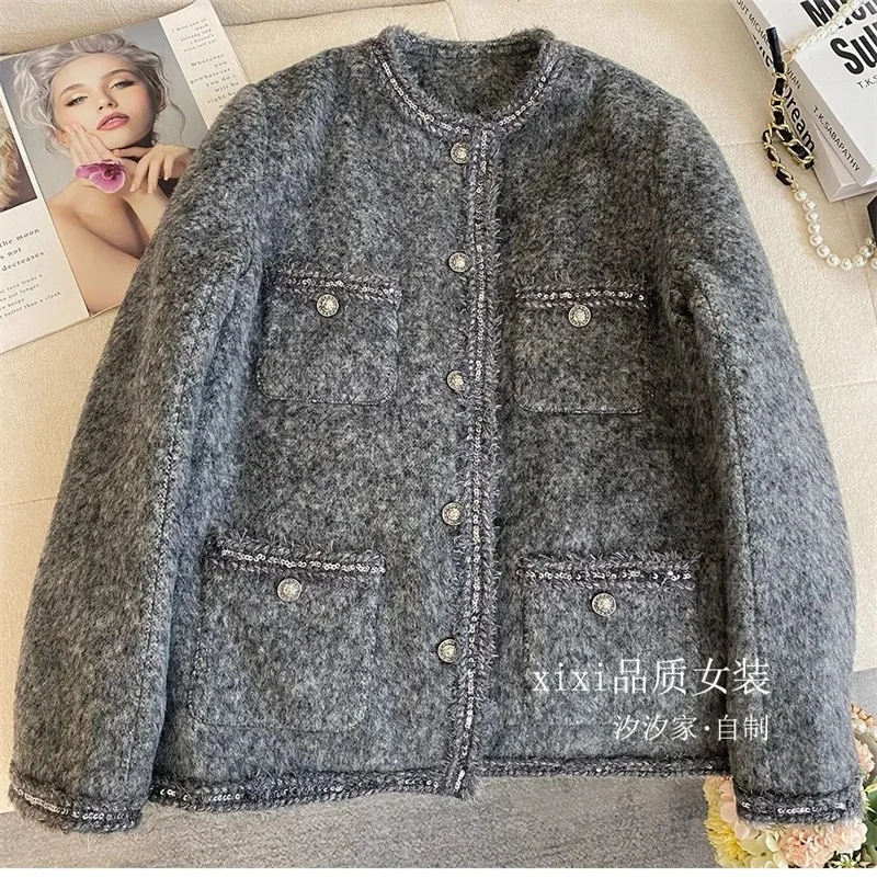 

Новая верхняя одежда серого цвета с небольшим ароматом и хлопковой подкладкой, женское зимнее новое высококачественное модное пальто с блестками и ощущением шерсти